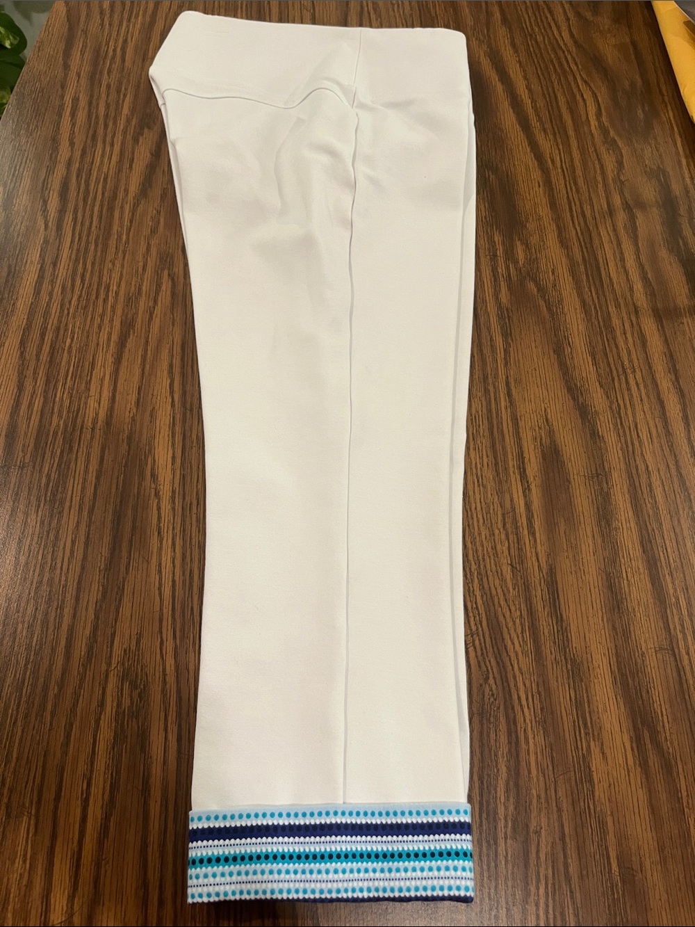 White Women's Capris with Blue Stripe Hem